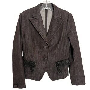 Max Mara Blazer Jacket XS US 2 Denim Gray Beaded Embroidery Yarn Floral Detail